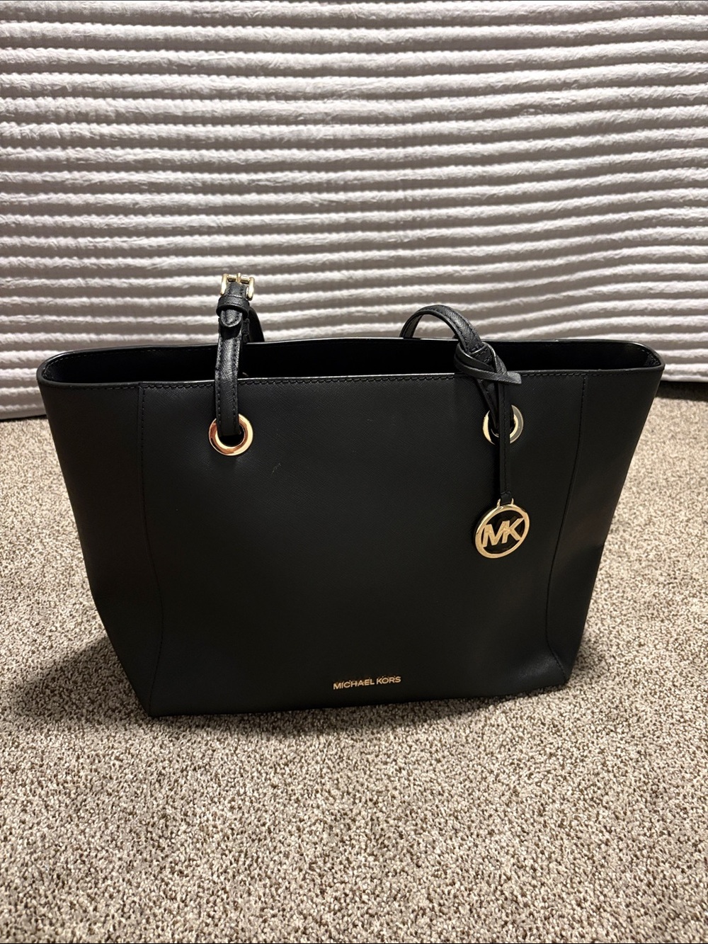 Michael Kors Black Leather Tote with Gold MK Charm